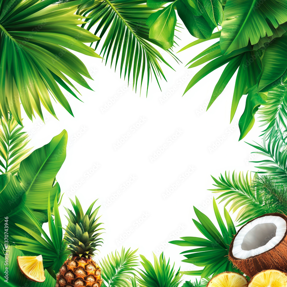 Fototapeta premium Tropical frame with palm leaves, pineapple, and coconut, leaving space for text. Perfect for vacation, travel, summer promotions, beach advertising, exotic destinations, and holiday marketing.