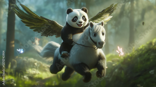 panda riding horse with wings flying in the sky .