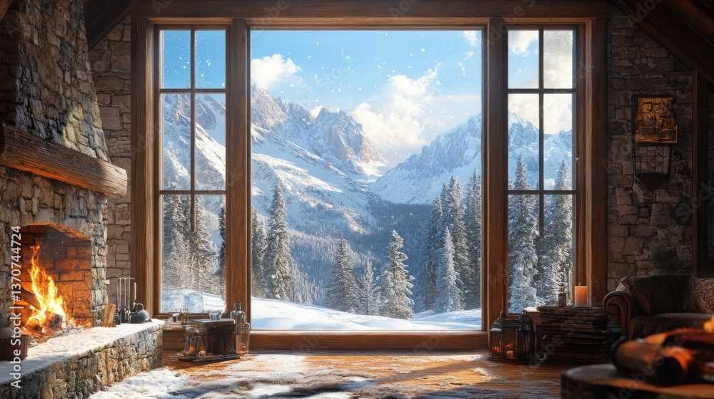 Fototapeta premium Cozy Winter Cabin with Majestic Mountain View