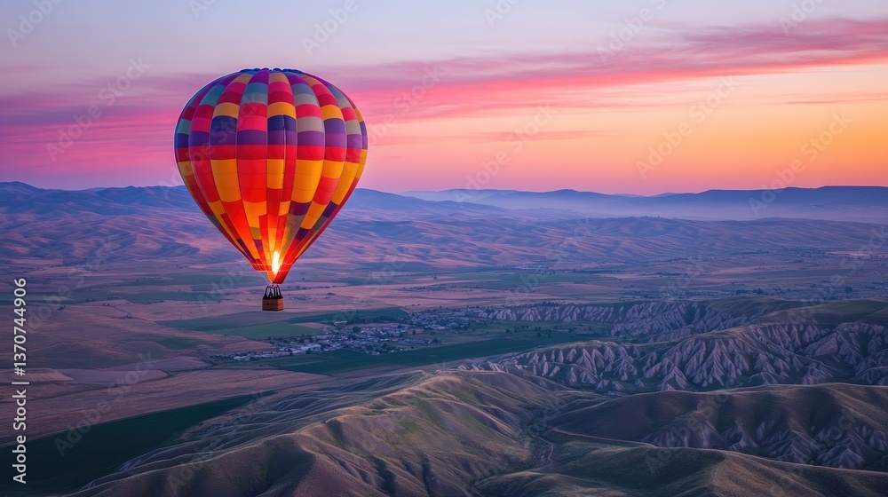 Obraz premium Hot Air Balloon Soaring Over Breathtaking Landscape at Sunrise
