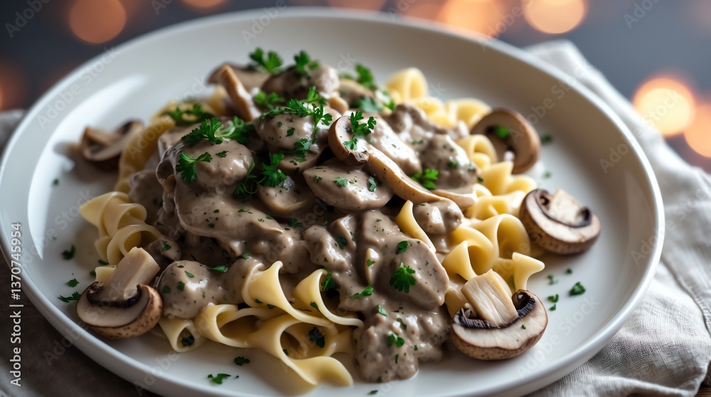 Serving of Noodles with Creamy Mushroom Sauce and Parsley Garnish