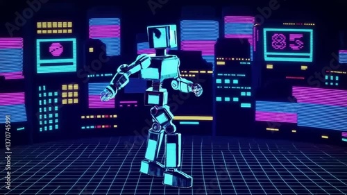 Pixelated robot dancing on neon grid, retro arcade animation