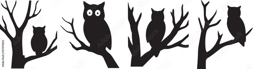 Fototapeta premium Silhouette owls, Tree branches, Night scene, Black and white illustration, Minimalist design, Perched birds, Spooky forest, Halloween mood, Graphic art, Stylized nature