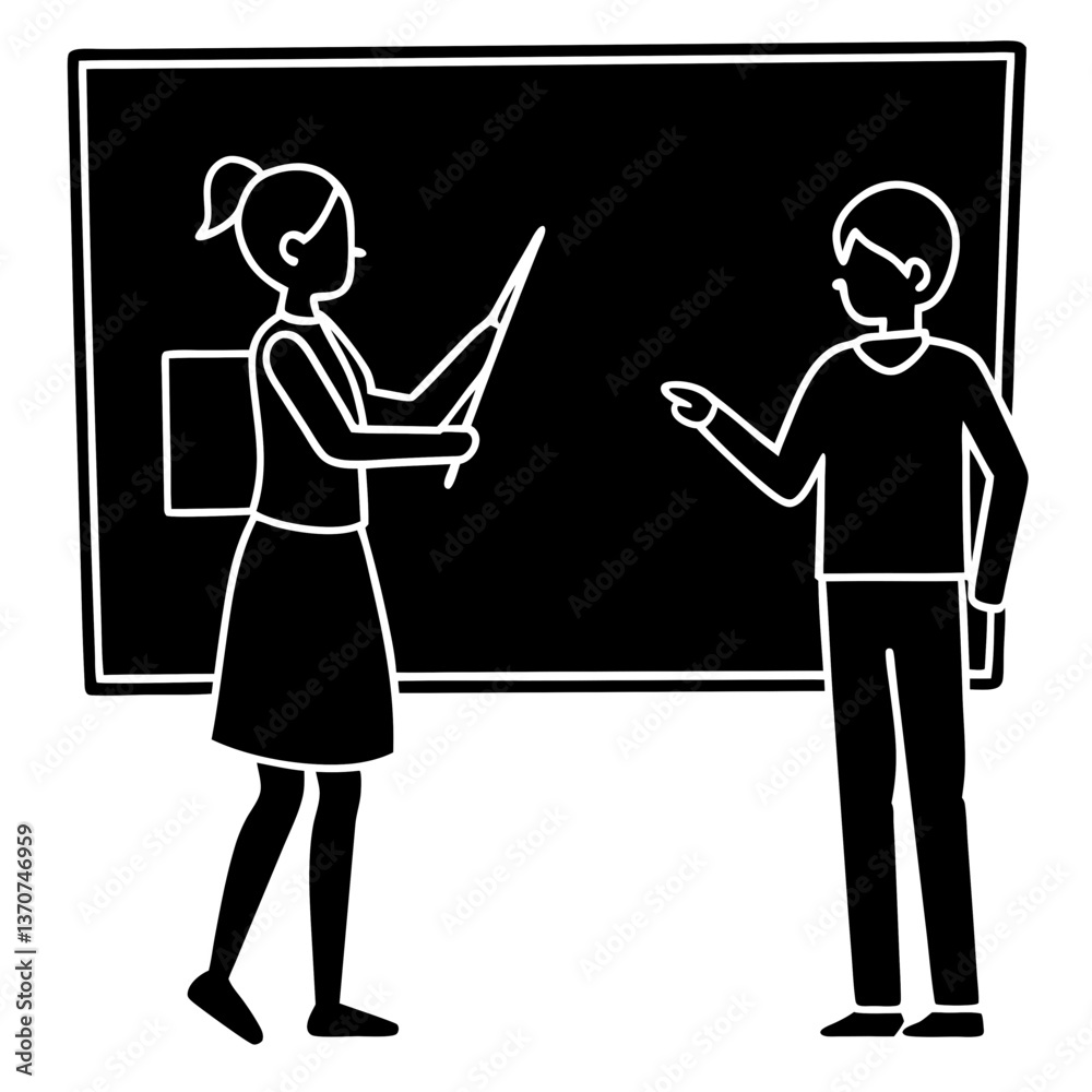 A silhouette of a teacher pointing to a student’s work on a chalkboard, offering feedback