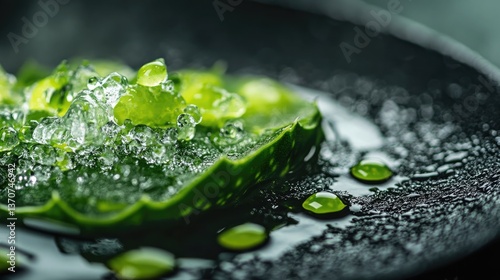 Close-up of Green Aloe Vera Gel with Ice Cubes on Black Dish