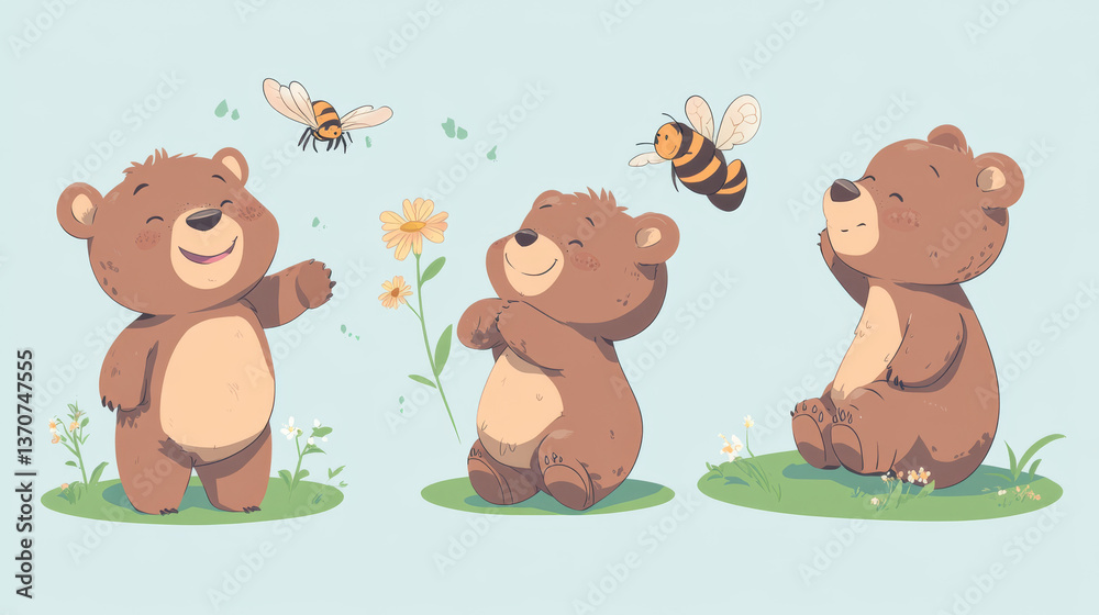 Obraz premium Funny bear characters set isolated on white background. Vector cartoon illustration of grizzly mascot, cute brown animal standing and smiling, sitting with flower and butterfly, running from angry bee