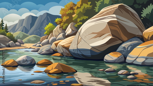 Giant Boulders Along a calm riverbank with gentle ripples, Highly detailed vector illustration