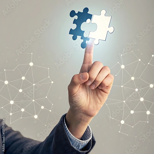 Connecting Ideas: Hand Completes Puzzle with Networking Background, Symbolizing Solutions, Strategies and Problem-Solving.