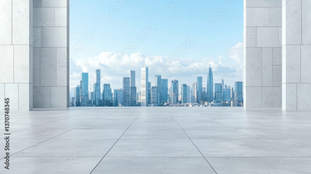 Fototapeta premium Minimalist urban scene with a vast empty concrete floor, distant city skyline under an overcast sky, soft lighting, perfect for presentations.