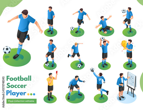 Football soccer player in blue uniform isometric illustration pose collection	