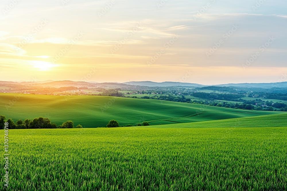 Fototapeta premium Breathtaking sunrise over lush green fields scenic countryside landscape photography tranquil environment wide-angle view
