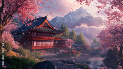 Japanese-themed landscape that combines iconic cultural and natural elements to create a serene and picturesque scene. It captures the beauty of traditional Japanese architecture, cherry blossoms