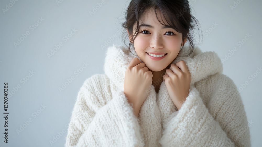 ゆったりカーディガンの袖をつまんで微笑むやさしい女性 ゆったりカーディガンの袖をつまんで微笑むやさしい女性
