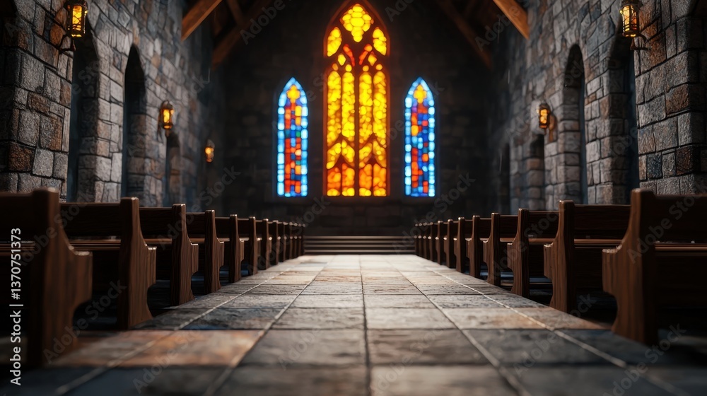 Obraz premium Sacred atmosphere with a blurred church interior, focusing on colorful stained glass and wooden pews.