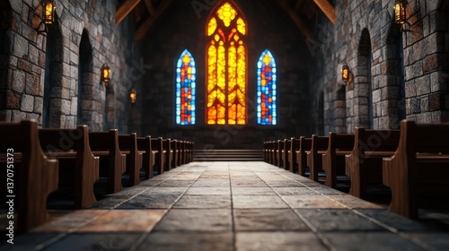 Sacred atmosphere with a blurred church interior  focusing on colorful stained glass and wooden pews.