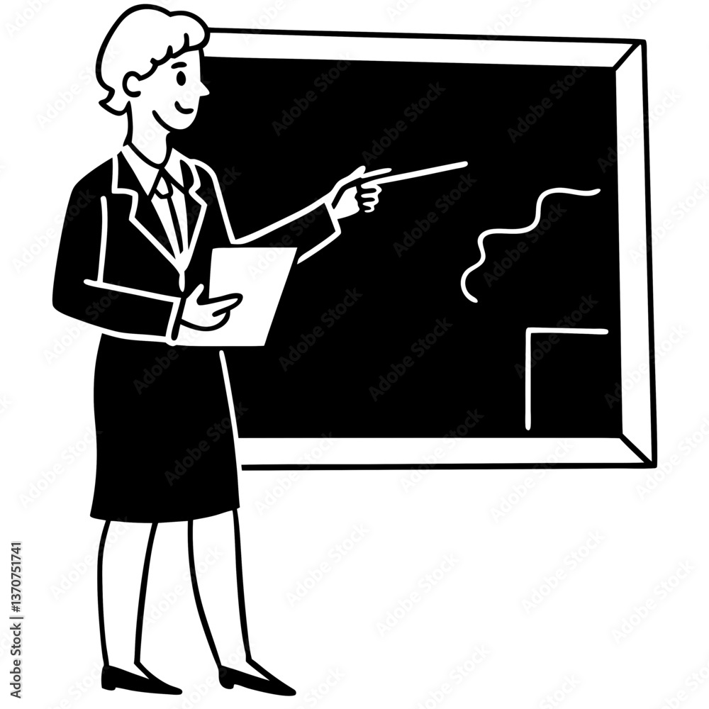 A silhouette of a teacher standing by a whiteboard, writing equations for students 