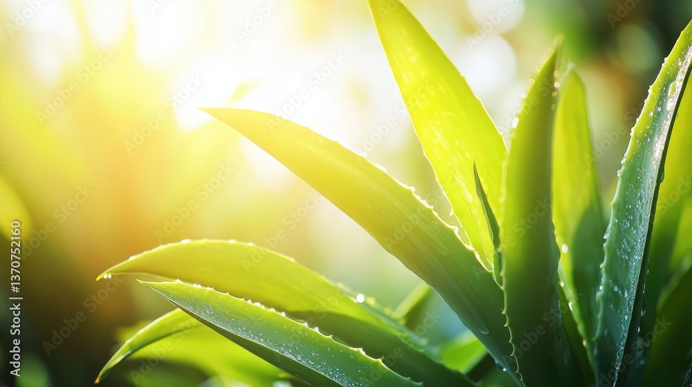 Fototapeta premium Sunlit Dew-Kissed Leaves: A Botanical Masterpiece