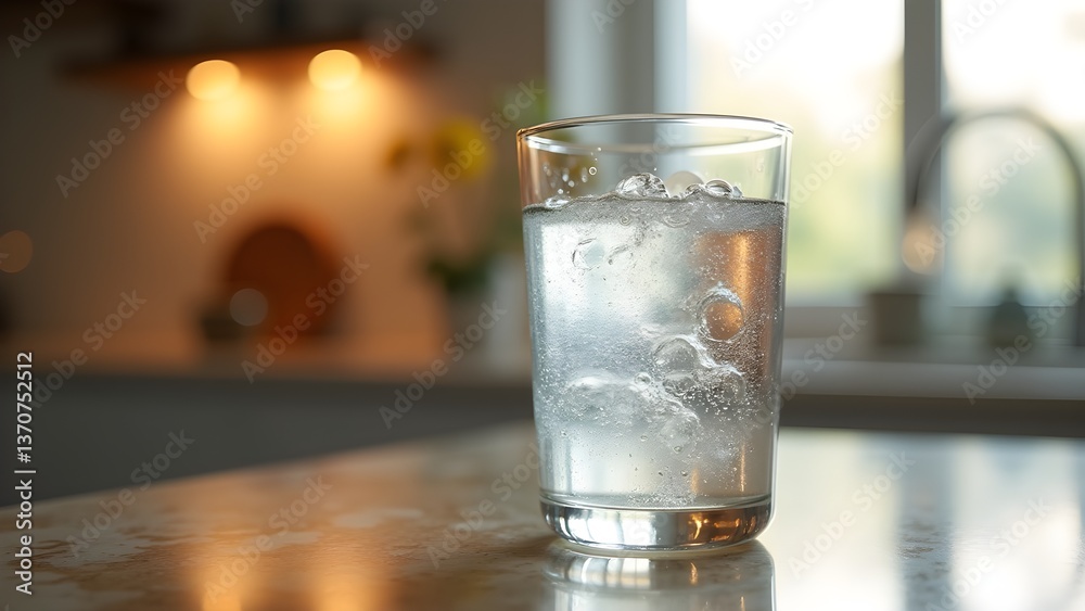 Refreshing Glass of Sparkling Water with Ice Cubes on Kitchen Countertop Refreshing Glass of Sparkling Water with Ice Cubes on Kitchen Countertop