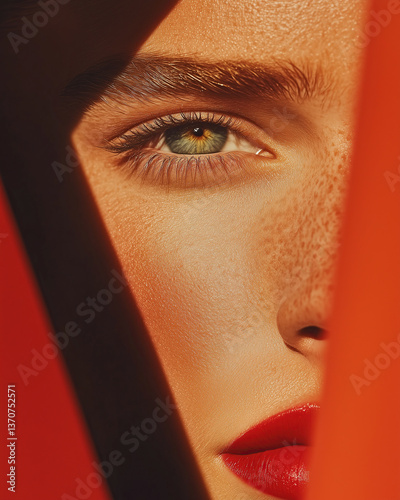 Ultra luxury fashion beauty brand concept. Close up portrait of young fashionable female model posing with scarlet background. Crop. Perfect make-up. Luxurious poster style. Studio shot