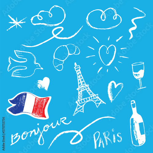 handgezeichnete Illustrationen zum Thema Frankreich und Paris. In weiß auf blauem Hintergrund. Vektorillustration