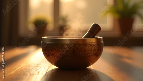 Singing Bowl Still Life with Mallet and Warm Light on Wooden Table in Home Interior 