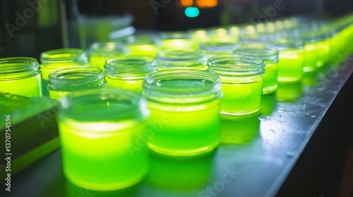 The image provides a close-up of fission byproducts emitting a glow, securely held in glass cylinders designed to reinforce containment and adherence to radiological safety standards