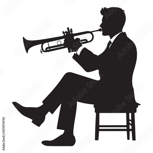 Silhouette Illustration of Man Playing Trumpet While Seated photo