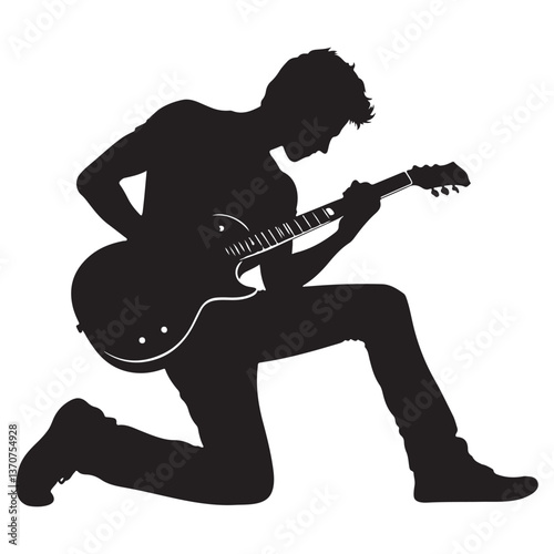 Silhouette Guitar Player Rocking Out Vector Art Illustration