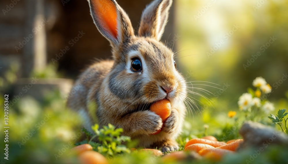 Fototapeta premium Rabbit Eating Carrot in Garden with Lush Greenery and Flowers