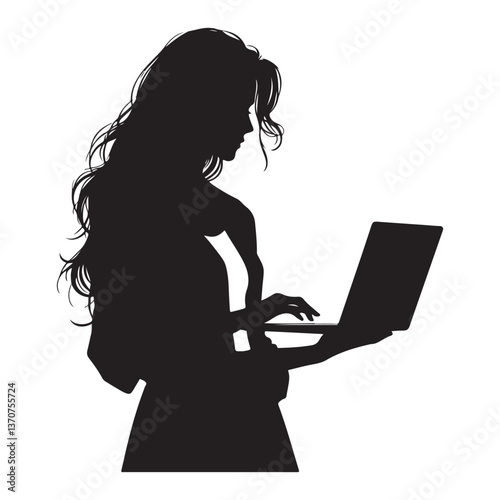 Woman working on laptop silhouette vector illustration for business