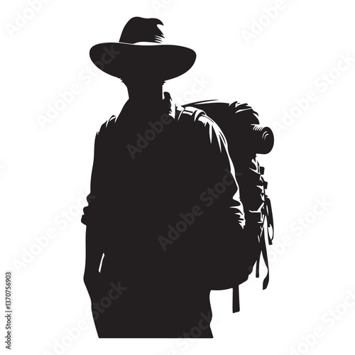 Adventurer with backpack and hat silhouette vector illustration