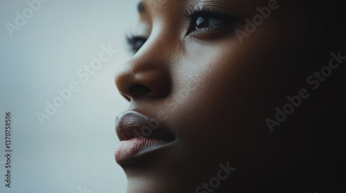 Close-Up Portrait of a Serene Woman with Moist Skin and Thoughtful Expression