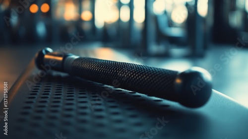 Close-Up View of Gym Equipment Barbell on Weight Bench in Fitness Center with Blurred Background