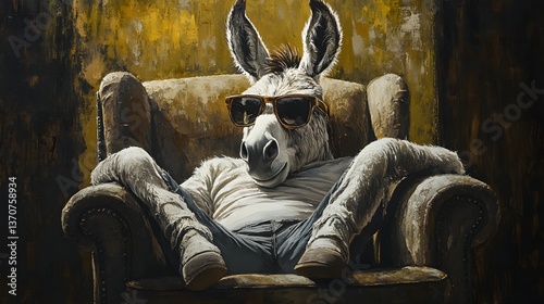 donkey wearing sunglasses and a shirt, lounging comfortably on a sofa, capturing a fun and quirky vibe