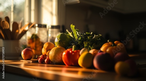 Colorful Fresh Fruits and Vegetables on a Sunlit Kitchen Counter Ready for Preparation