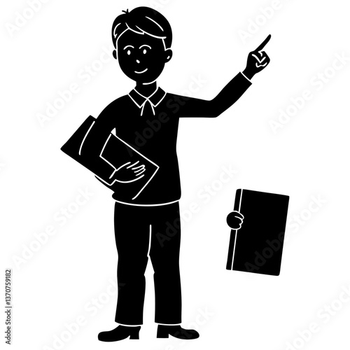 A silhouette of a teacher with a raised hand, asking a question to the class