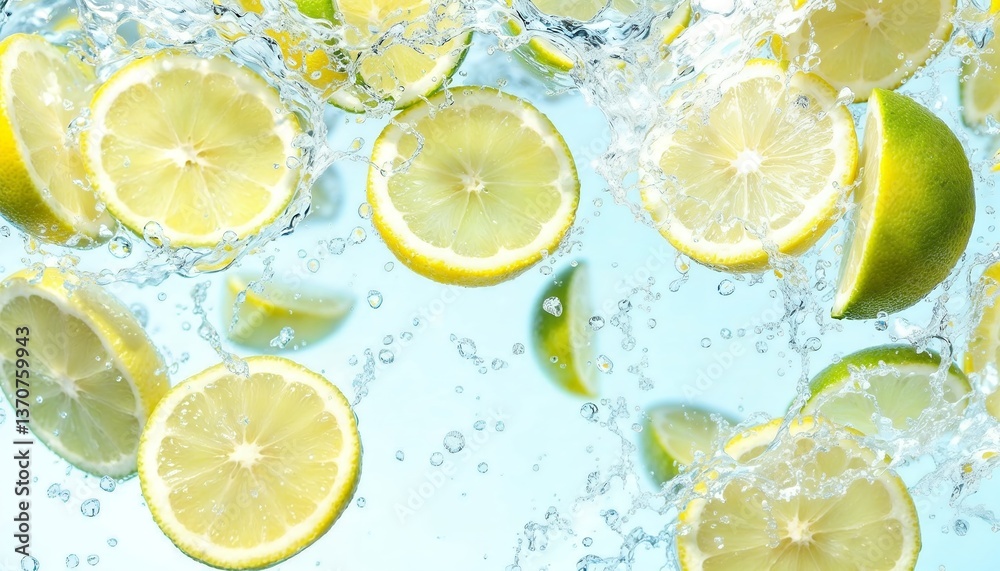 Slices of Lemon and Lime Floating in Fresh Splashing Water Slices of Lemon and Lime Floating in Fresh Splashing Water