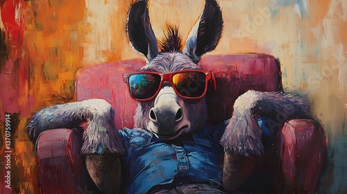 A humorous artwork of a relaxed donkey wearing sunglasses and a shirt, lounging comfortably on a sofa, capturing a fun and quirky vibe