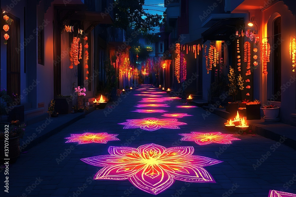 Obraz premium Happydiwali rule of third decoration on street - Illustration ofdiwali rule of third diya rule of third