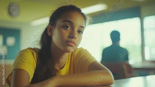 Thoughtful Young Girl in Yellow Shirt Sitting at Table in a School Environment