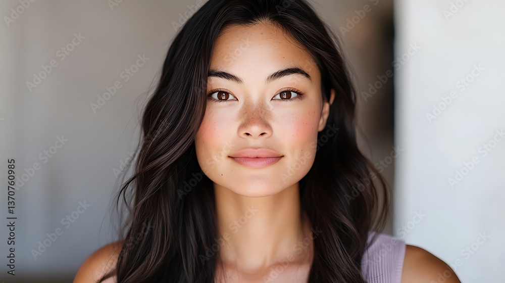 Close-up of sophisticated woman with long brunette hair in pastel lilac fitted top, soft pink lips, golden sunlight, glowing beauty Close-up of sophisticated woman with long brunette hair in pastel lilac fitted top, soft pink lips, golden sunlight, glowing beauty