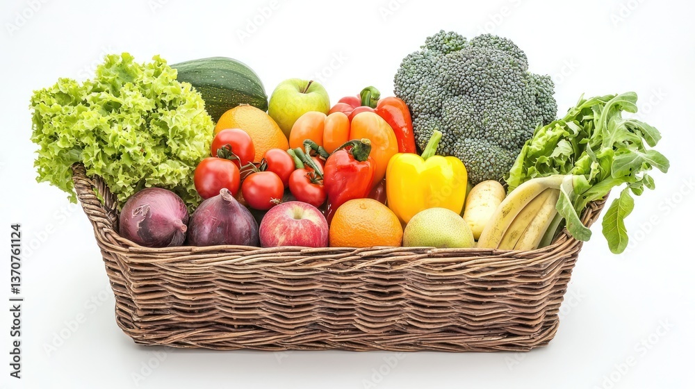 Basket Filled with Assorted Fruits and Vegetables Isolated Basket Filled with Assorted Fruits and Vegetables Isolated