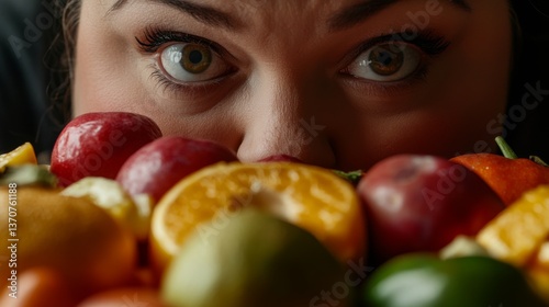 Close-Up of a Woman's Face Surrounded by a Colorful Array of Fresh Fruits in a Vibrant Display