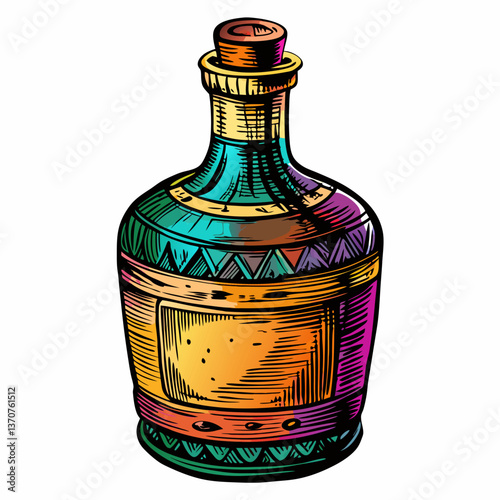 Colorful Vintage Glass Bottle with Cork Stopper and Intricate Design