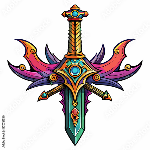 Colorful Fantasy Sword with Ornate Gemstone and Winged Design  Illustration