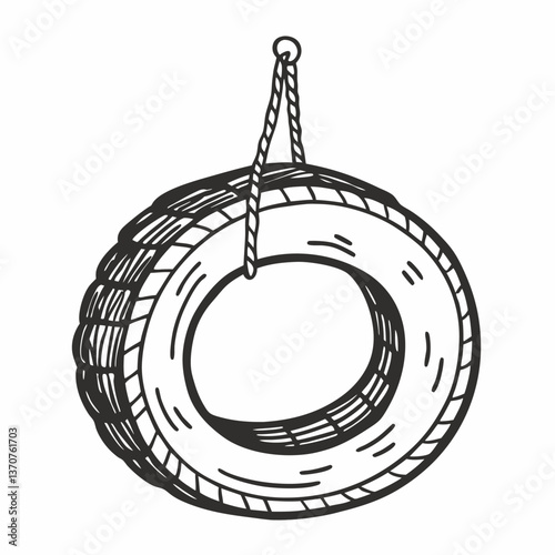 Hand Drawn Vintage Hanging Tire Swing Illustration in Black and White
