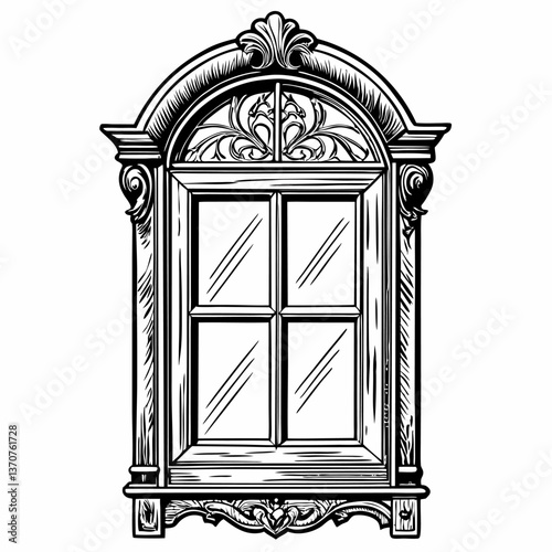 Vintage Wooden Window Detailed Black and White Architectural Illustration