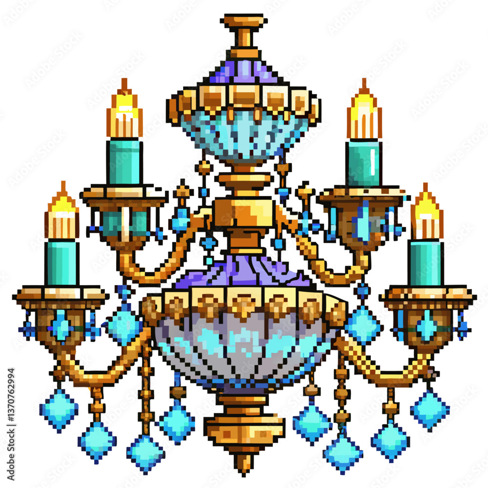Ornate Retro Pixel Art Chandelier with Burning Candles Ornate Retro Pixel Art Chandelier with Burning Candles
