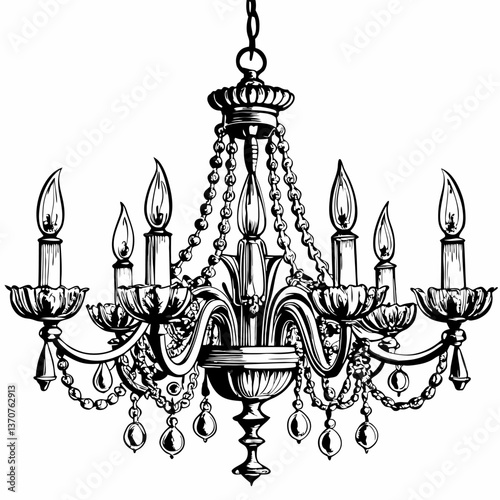 Elegant Vintage Chandelier Illustration in Black and White Line Art Style