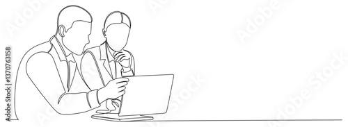 Continuous line art drawing of business man and business woman discussion at the table. Business people single line art drawing vector illustration.